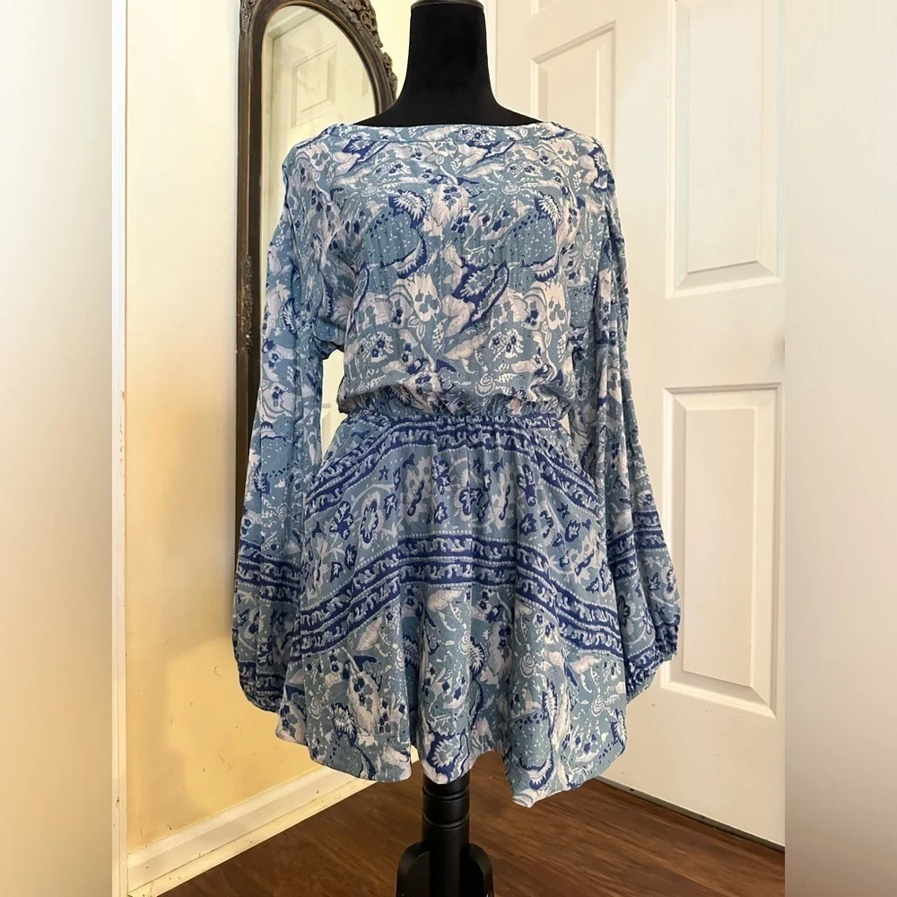 Free People Blue Printed Boho Open Back Mini Dress
